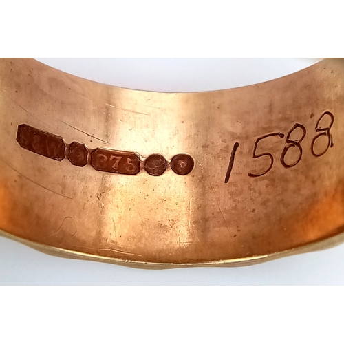 3 - A Vintage Hallmarked 9K Gold Band Ring. Decorative geometric pattern exterior. 9mm width. Size O. 4.... 