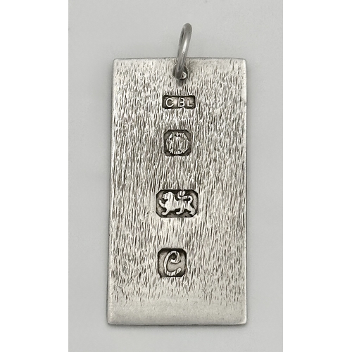 588 - Vintage SILVER INGOT PENDANT. Full UK hallmark. Finished in Frosted and Smooth Silver. Approx 3.75 c... 