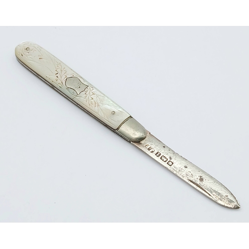 595 - Antique SILVER BLADED FRUIT KNIFE. Decorated Mother of Pearl Handle. Clear Hallmark for James Fenton... 