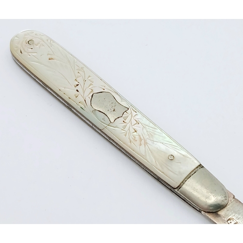 595 - Antique SILVER BLADED FRUIT KNIFE. Decorated Mother of Pearl Handle. Clear Hallmark for James Fenton... 