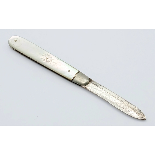 595 - Antique SILVER BLADED FRUIT KNIFE. Decorated Mother of Pearl Handle. Clear Hallmark for James Fenton... 