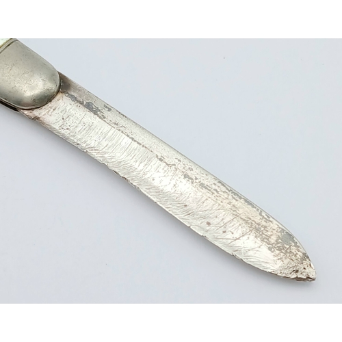 595 - Antique SILVER BLADED FRUIT KNIFE. Decorated Mother of Pearl Handle. Clear Hallmark for James Fenton... 