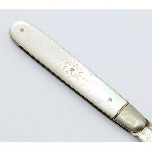 595 - Antique SILVER BLADED FRUIT KNIFE. Decorated Mother of Pearl Handle. Clear Hallmark for James Fenton... 