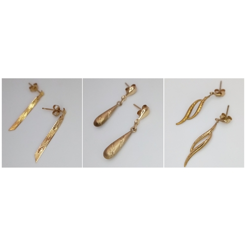 7 - 3 x PAIRS of 9 CARAT GOLD EARRINGS. DROP STYLE. Complete with Gold Backs. Please see pictures.