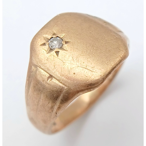 79 - A Vintage 9K Yellow Gold Diamond Set Signet Ring. UK hallmarks. Size P 1/2. 3.95g.