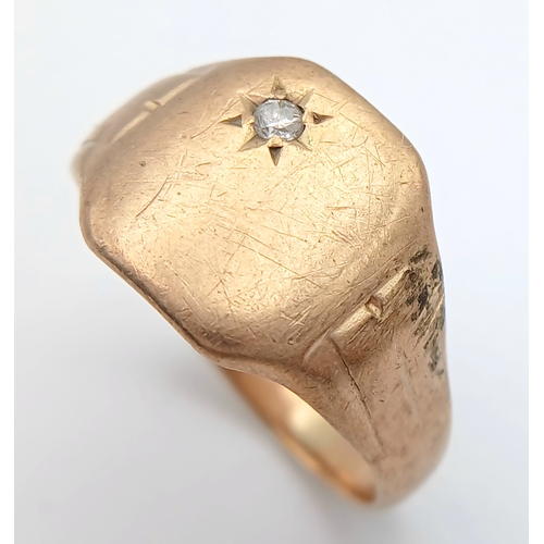 79 - A Vintage 9K Yellow Gold Diamond Set Signet Ring. UK hallmarks. Size P 1/2. 3.95g.