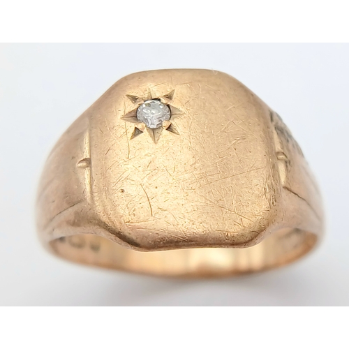 79 - A Vintage 9K Yellow Gold Diamond Set Signet Ring. UK hallmarks. Size P 1/2. 3.95g.