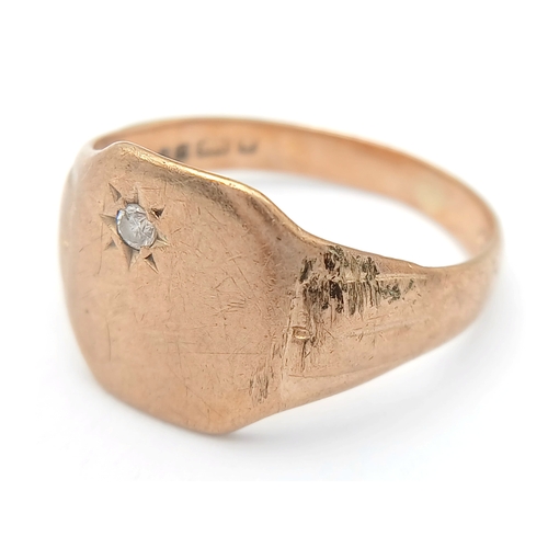79 - A Vintage 9K Yellow Gold Diamond Set Signet Ring. UK hallmarks. Size P 1/2. 3.95g.