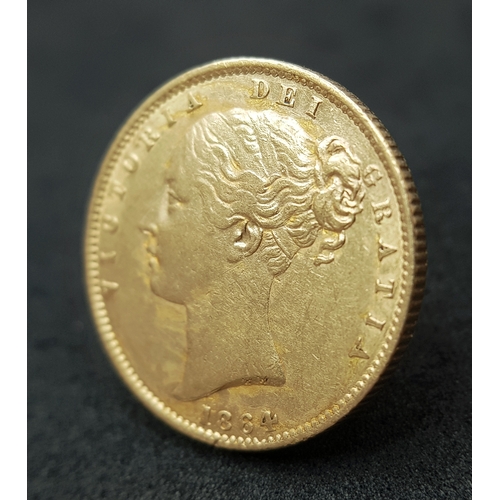1204 - AN 1864, QUEEN VICTORIA, YOUNG HEAD, SHIELD BACK, DIE NUMBER 74. FULL SOVEREIGN COIN. 22K GOLD. 9999... 