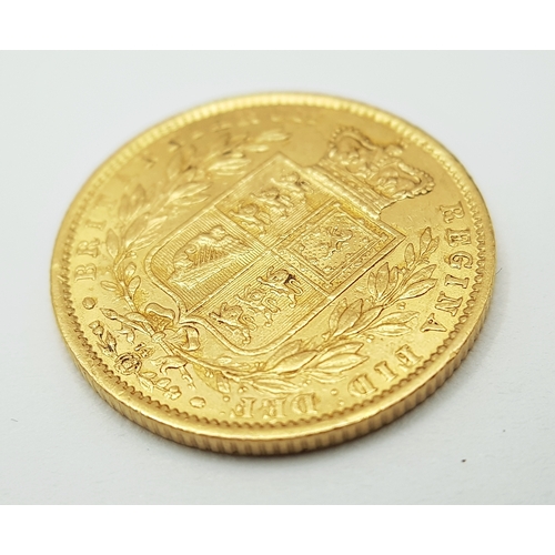 1204 - AN 1864, QUEEN VICTORIA, YOUNG HEAD, SHIELD BACK, DIE NUMBER 74. FULL SOVEREIGN COIN. 22K GOLD. 9999... 