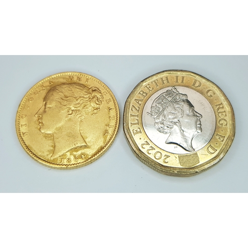 1204 - AN 1864, QUEEN VICTORIA, YOUNG HEAD, SHIELD BACK, DIE NUMBER 74. FULL SOVEREIGN COIN. 22K GOLD. 9999... 