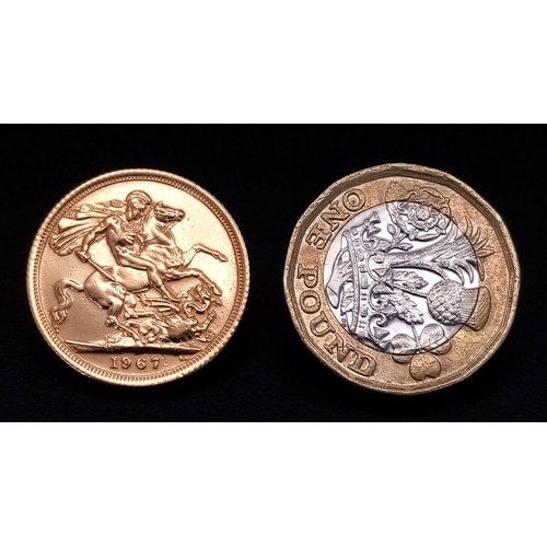 1211 - A 1967, QUEEN ELIZABETH II, FULL SOVEREIGN COIN. PROOF CONDITION. 22K GOLD. 9905
