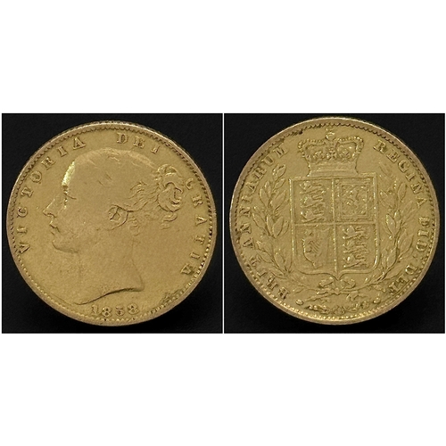 1246 - AN 1858, QUEEN VICTORIA, YOUNG HEAD, SHIELD BACK, FULL SOVEREIGN COIN. 22K GOLD. REF: 10000.