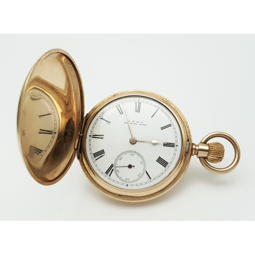 9 - An Antique 14K Gold Plated Doubled Cased Full Hunter A.W.W. Waltham Pocket Watch. Top winder. 54mm c... 