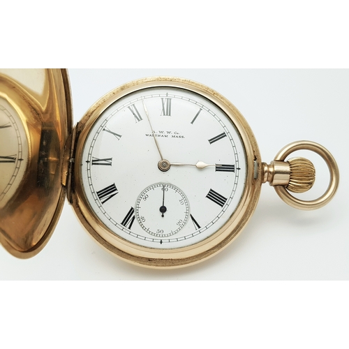 9 - An Antique 14K Gold Plated Doubled Cased Full Hunter A.W.W. Waltham Pocket Watch. Top winder. 54mm c... 