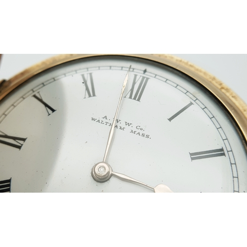 9 - An Antique 14K Gold Plated Doubled Cased Full Hunter A.W.W. Waltham Pocket Watch. Top winder. 54mm c... 