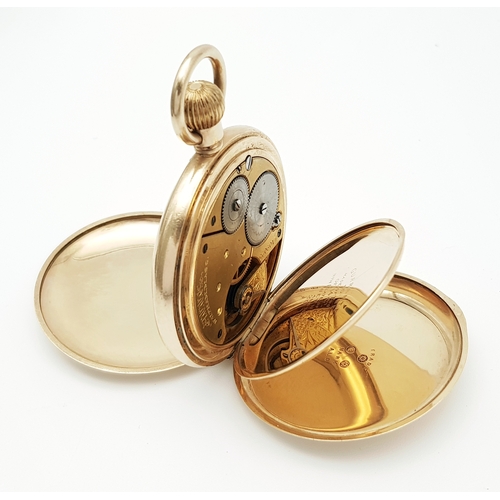 9 - An Antique 14K Gold Plated Doubled Cased Full Hunter A.W.W. Waltham Pocket Watch. Top winder. 54mm c... 