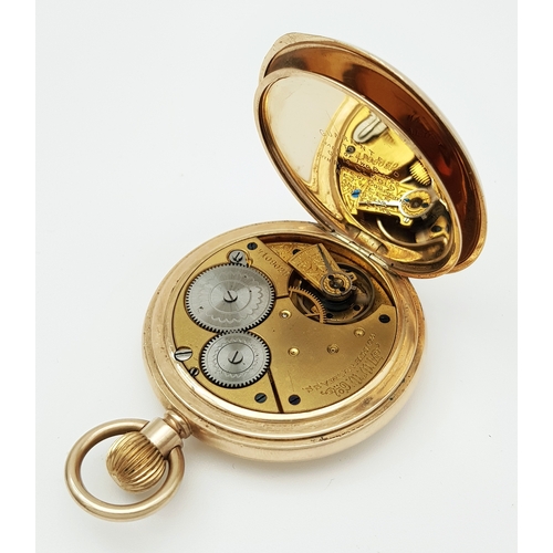9 - An Antique 14K Gold Plated Doubled Cased Full Hunter A.W.W. Waltham Pocket Watch. Top winder. 54mm c... 
