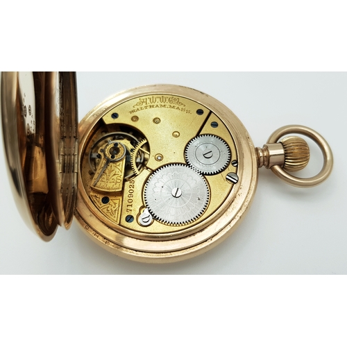 9 - An Antique 14K Gold Plated Doubled Cased Full Hunter A.W.W. Waltham Pocket Watch. Top winder. 54mm c... 