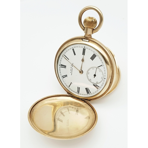 9 - An Antique 14K Gold Plated Doubled Cased Full Hunter A.W.W. Waltham Pocket Watch. Top winder. 54mm c... 