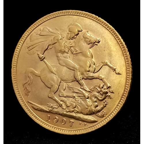 37 - A 1907 Edward VII Full Sovereign Coin. 22K gold.