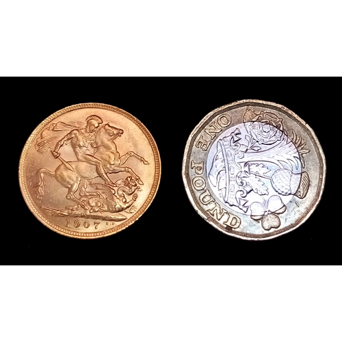 37 - A 1907 Edward VII Full Sovereign Coin. 22K gold.