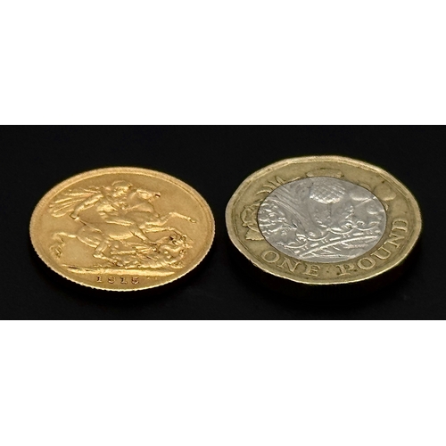 1 - A 1915 George V Full Gold Sovereign coin. 22K Gold. Good definition.