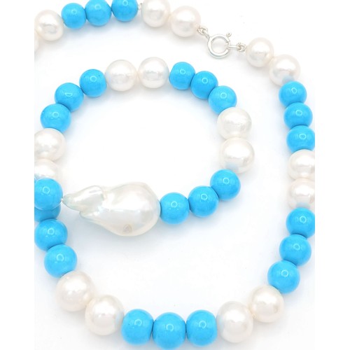 1251 - A Turquoise and Freshwater Pearl Necklace with Baroque Pearl Interrupter. 925 silver clasp. Pearls, ... 
