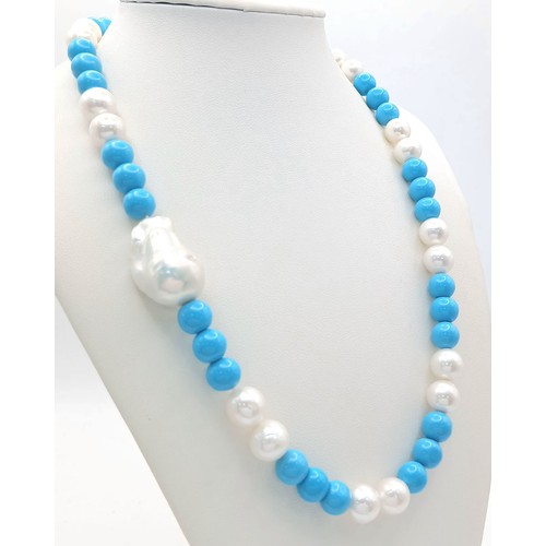 1251 - A Turquoise and Freshwater Pearl Necklace with Baroque Pearl Interrupter. 925 silver clasp. Pearls, ... 