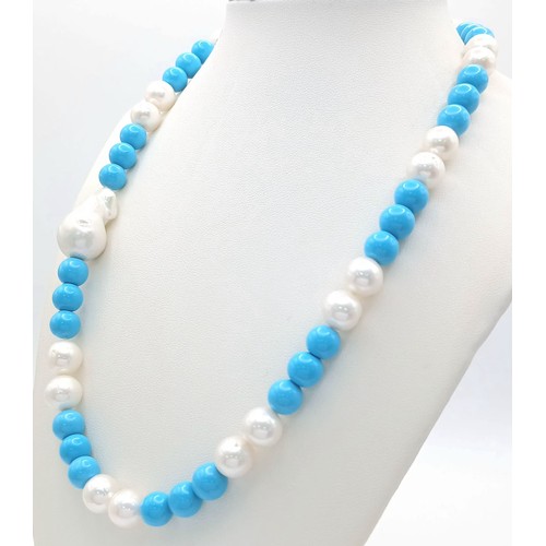 1251 - A Turquoise and Freshwater Pearl Necklace with Baroque Pearl Interrupter. 925 silver clasp. Pearls, ... 