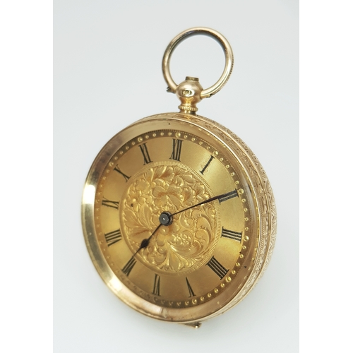 2 - An Antique 18K Gold Cased, Open-Face Fob Watch. Decorative exterior case (35mm diameter) engraving w... 