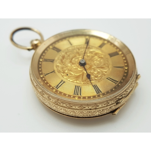 2 - An Antique 18K Gold Cased, Open-Face Fob Watch. Decorative exterior case (35mm diameter) engraving w... 