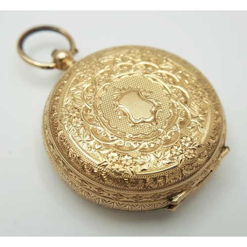2 - An Antique 18K Gold Cased, Open-Face Fob Watch. Decorative exterior case (35mm diameter) engraving w... 