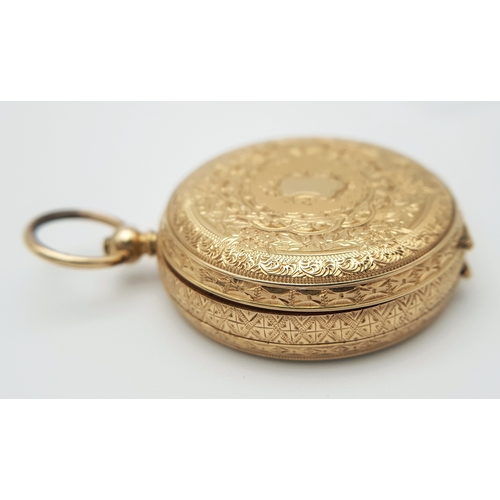 2 - An Antique 18K Gold Cased, Open-Face Fob Watch. Decorative exterior case (35mm diameter) engraving w... 