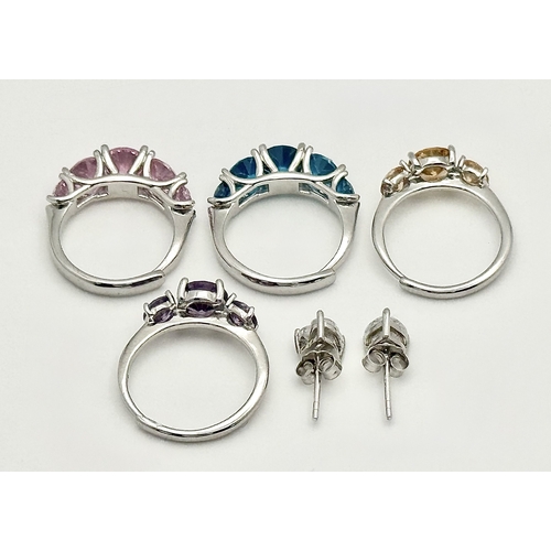 1237 - Four Stone Set Silver Rings (adjustable) and a Pair of Moissanite Silver Stud Earrings with a certif... 