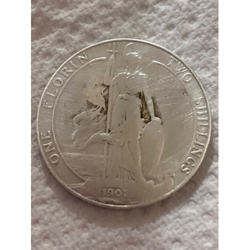 567 - 1907 SILVER FLORIN coin. Edwardian Britannia. Fair condition. Dirty. Please see pictures.