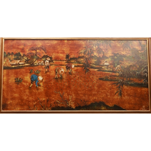 "Rice Planting" by Tran Ha. 61 x 122 cm. Lacquer. Signed lower right.Tran Ha (1911-1974), Vietnamese lacquer artist active in the 20th century. Known for landscape and genre scenes in lacquer. Detailed biographical information is not widely available in English-language sources. This item is held at Cadmore ASIAN Office in Vietnam and will be shipped from there. Buyers will be responsible for direct shipping payments. Delivery will take slightly longer.