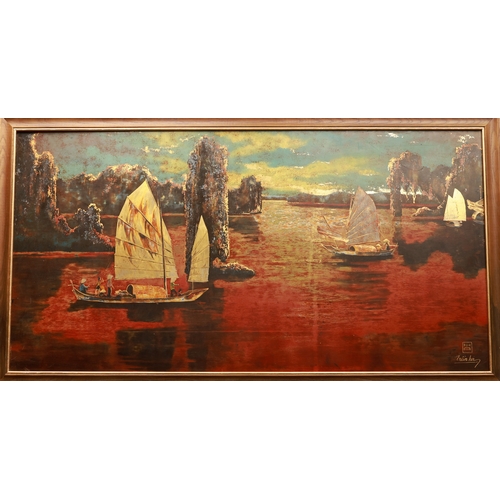 "Ha Long Bay" by Tran Ha. 60 x 115 cm. Lacquer. Signed lower right.Tran Ha (1911-1974), Vietnamese lacquer artist active in the 20th century. Known for landscape and genre scenes in lacquer. Detailed biographical information is not widely available in English-language sources. This item is held at Cadmore ASIAN Office in Vietnam and will be shipped from there. Buyers will be responsible for direct shipping payments. Delivery will take slightly longer.