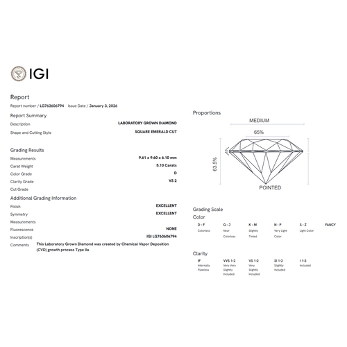 1214 - A 5.10ct Asscher Cut Lab-Grown Diamond. Colour D, clarity VS2. IGI certified. Cert no: LG763606794. ... 