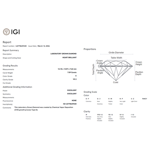 1229 - A 7.09ct Heart Cut Lab-Grown Diamond. Colour E, clarity VS2. IGI certified. Cert no: LG778639430. Me... 