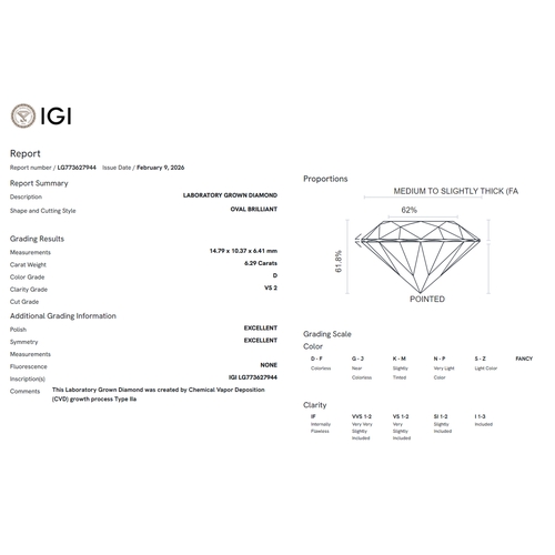 1240 - A 6.29ct Oval Brilliant Cut Lab-Grown Diamond. Colour D, clarity VS2. IGI certified. Cert no: LG7736... 
