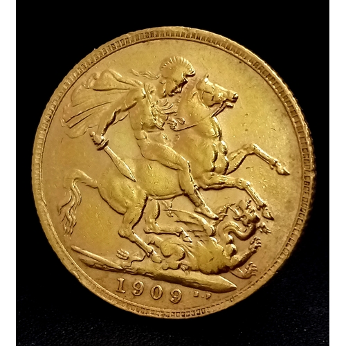A 1909, KING EDWARD VII, FULL SOVEREIGN COIN. 22K GOLD. 10205.