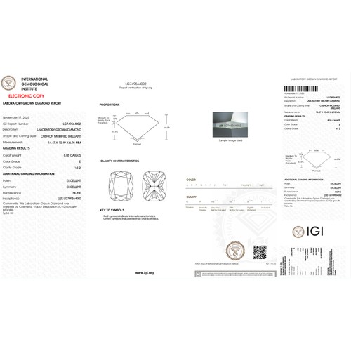 22 - A 8.05ct Cushion Cut Lab-Grown Diamond. Colour E, clarity VS2. IGI certified. Cert no: LG749564002. ... 