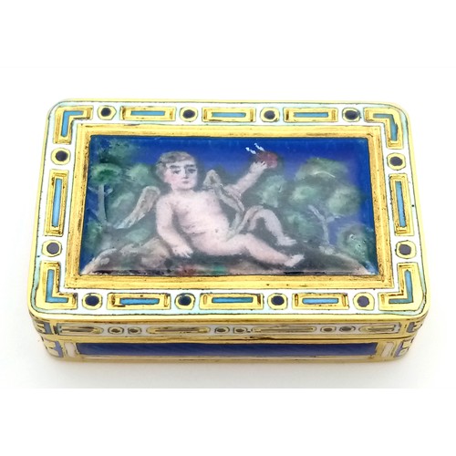 An Antique Swiss 19th Century 18K Solid Gold and Enamel Vinaigrette. Circa 1800. Enamel portrait depicting a cherub. Worn makers possibly for Sene & Detalla (1795-1805). 3.1cm length x 2cm width x 0.9cm depth. 15.3g total weight. In excellent condition and a great collector's piece.