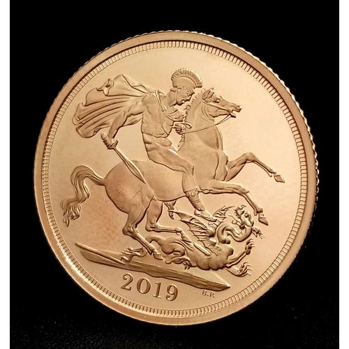 A Royal Mint Queen Elizabeth II 2019 Proof Full Sovereign Coin. Limited edition. 22k Gold. Comes with case and COA.