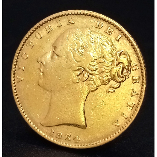 AN 1864, QUEEN VICTORIA, YOUNG HEAD, MELBOURNE MINT, SHIELD BACK, FULL SOVEREIGN COIN. TOTAL WEIGHT 8G. 10205 - 2