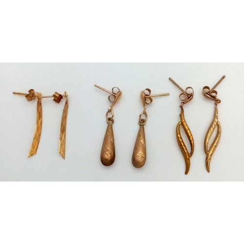 7 - 3 x PAIRS of 9 CARAT GOLD EARRINGS. DROP STYLE. Complete with Gold Backs. Please see pictures.