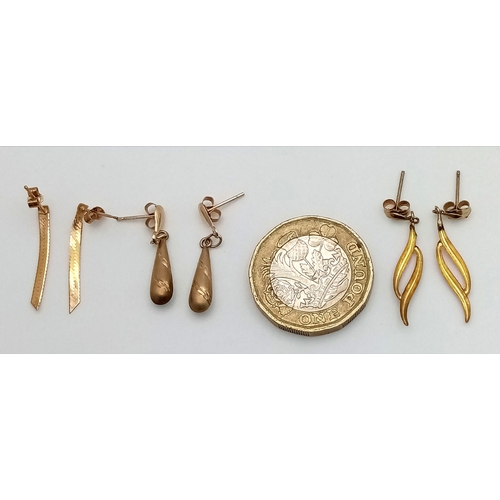 7 - 3 x PAIRS of 9 CARAT GOLD EARRINGS. DROP STYLE. Complete with Gold Backs. Please see pictures.