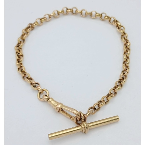 16 - A 9K Yellow Gold Belcher Link bracelet with Lobster Clasp and T-Bar. 17cm. 3.9g.