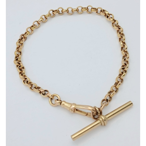 16 - A 9K Yellow Gold Belcher Link bracelet with Lobster Clasp and T-Bar. 17cm. 3.9g.